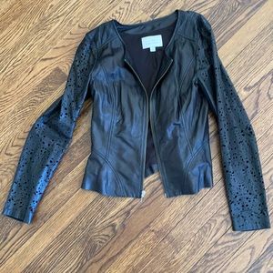 Hinge brown leather jacket with laser cut sleeves